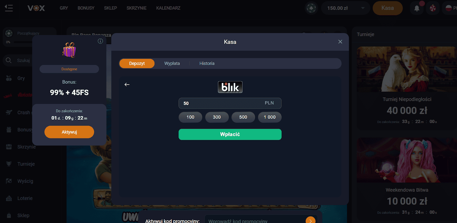 Płatność w kasynie Vox za pośrednictwem Blik