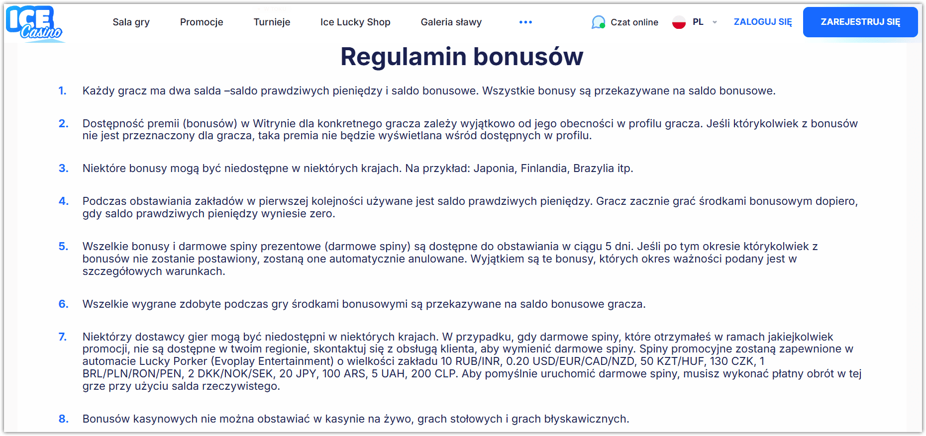 Zasady korzystania z bonusów w Ice Casino